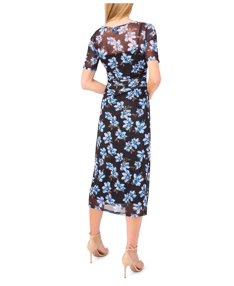 CeCe Women's Short Sleeve Ruched Side Mesh Crew Neck Midi Dress