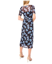 CeCe Women's Short Sleeve Ruched Side Mesh Crew Neck Midi Dress