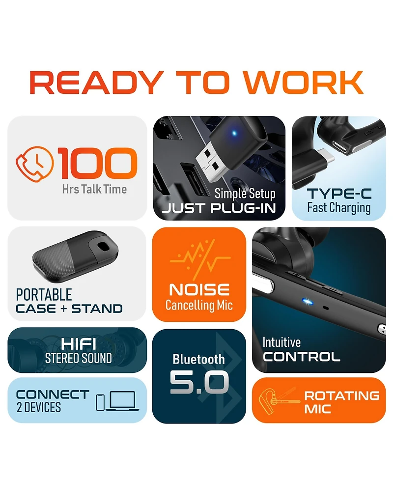 Ultralight Bluetooth Headset with Noise Cancelling Microphone, Bluetooth Earpiece with Charging Case, Auto Pair Usb Dongle for Pc/Laptop, Compatible w