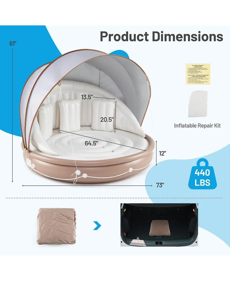 Inflatable Canopy Island Tanning Pool Lounger Float with Retractable Canopy