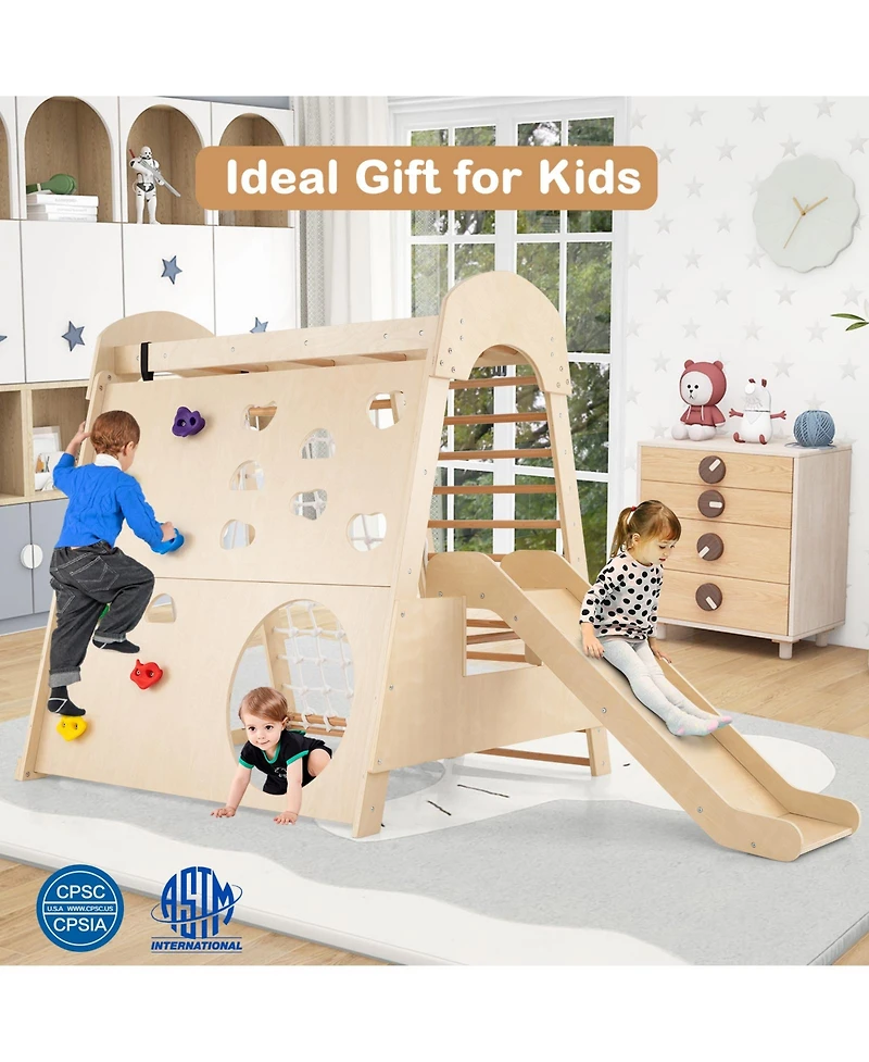 8-in-1 Indoor Jungle Gym Wooden Playground with Swing and Climbing Wall