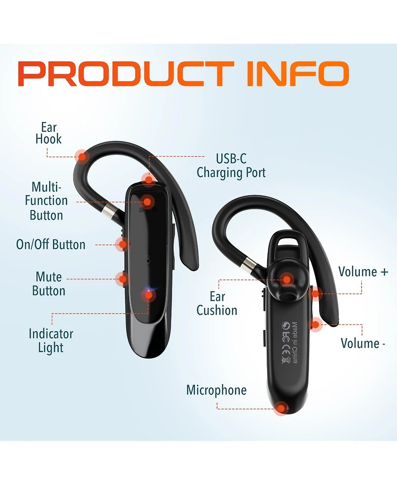 Delton 22X Wireless Mono Bluetooth Headset, Wireless Single Ear Headset With Built-In Two Microphones, Lightweight Bluetooth Phone Earpiece Compatible