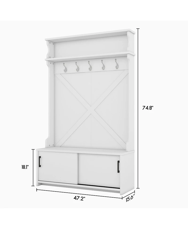Boyel Living Hall Tree with Top Shelf and Storage Bench, Hallway Shoe Cabinet with Sliding Doors, Coat Rack with 5 Hanging Hooks for Entryways Hallway