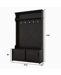 Boyel Living Hall Tree with Top Shelf and Storage Bench, Hallway Shoe Cabinet Sliding Doors, Coat Rack 5 Hanging Hooks for Entryways