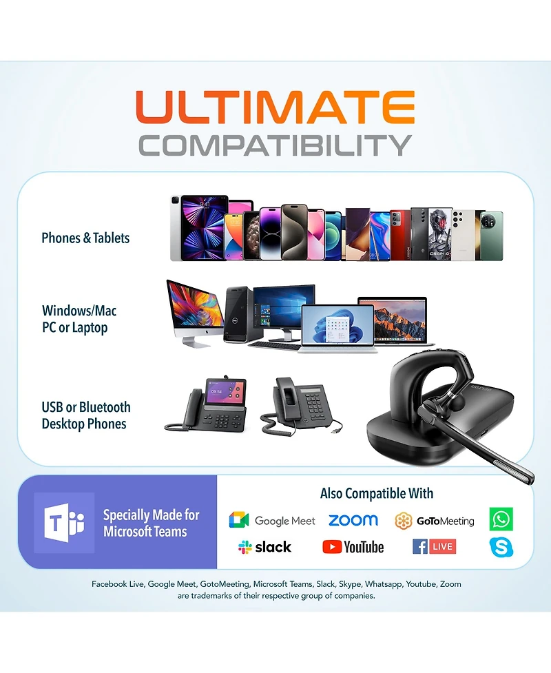 Delton Wireless Headset for Computer with Charging Case, Bluetooth Headset with Noise-Cancelling Mic, Specially Designed for Ms Team, Zoom, Google Mee