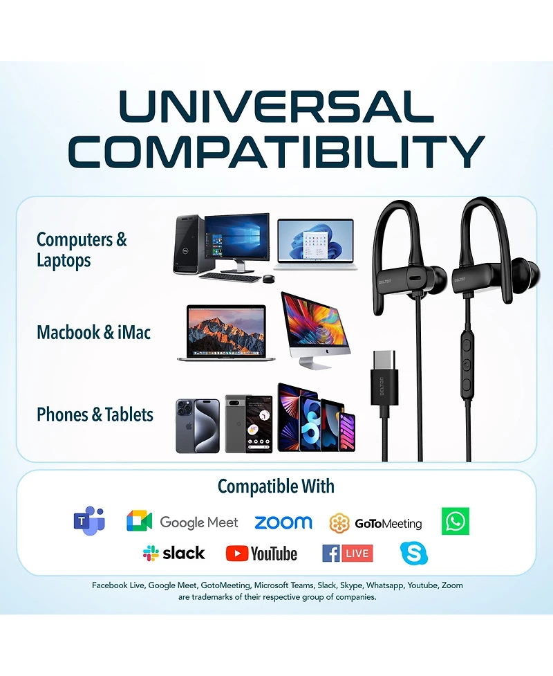 Delton 24EC Usb-c Wired Earbuds with Microphone, Ergonomic In-Ear Design with Ear Hook, Hi-Fi Stereo Sound and In-Line Remote Control, Usb C Earphone