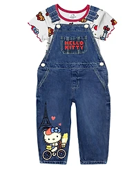 Hello Kitty Toddler and Little Girls 2-Piece T-Shirt Denim Overall Set