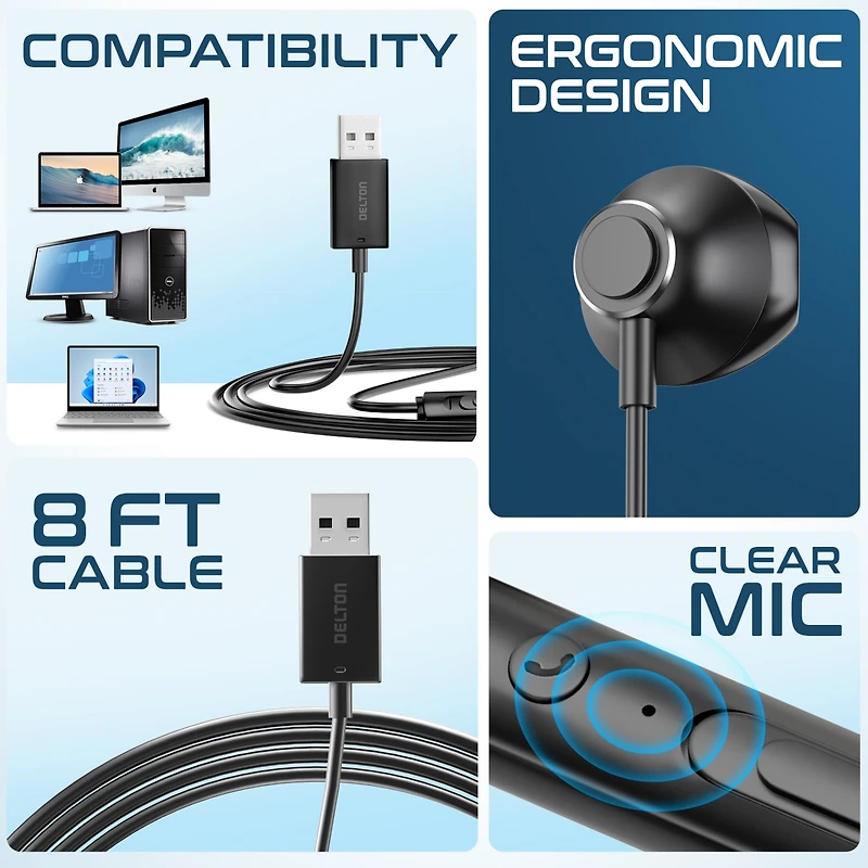 Delton 10E Usb A Wired Computer Headset with Microphone, 8ft Cord (DWH10E)