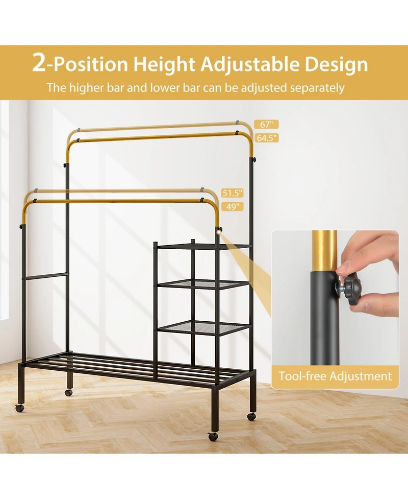 Rolling Double Rods Garment Rack with Height Adjustable Hanging Bars