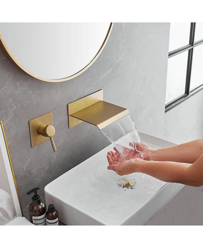 Single Handle Wall Mount Spout Waterfall Bathroom Faucet Brushed Nickel