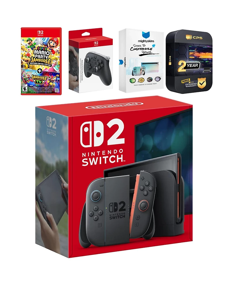 Nintendo Switch 2 Console with Super Mario Party Jamboree, Pro Controller, MightySkins Code and 2 Cps Year Extended Warranty