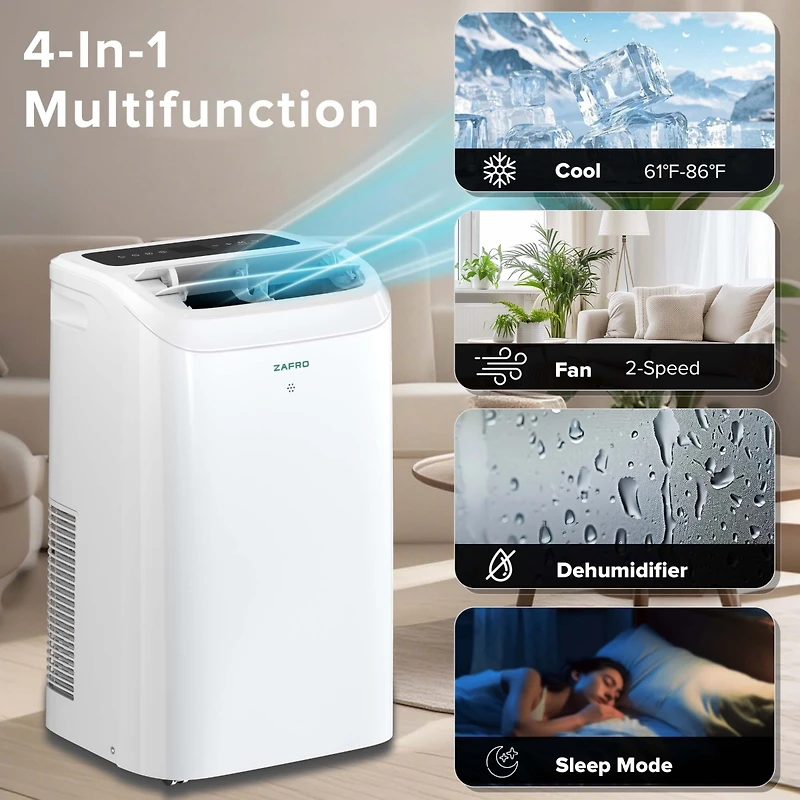 Zafro 12,000 Btu Portable Air Conditioner, Quiet 44dB, Fast Cooling, WiFi Control, Dehumidifier, Fan, 24H Timer, Easy Setup for Home/Office