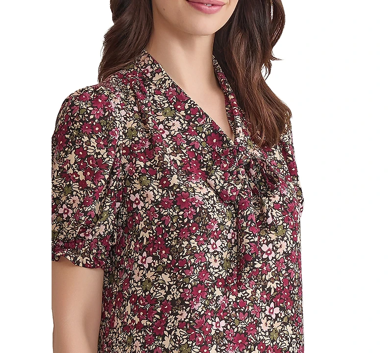 Jones New York Petite Floral Tie-Neck Puff-Sleeve Top