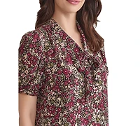 Jones New York Petite Floral Tie-Neck Puff-Sleeve Top