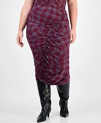 Bar Iii Trendy Plus Plaid Asymmetric-Ruching Midi Skirt, Macy's Exclusive