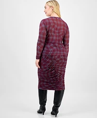 Bar Iii Trendy Plus Plaid Ruched Long-Sleeve Top, Macy's Exclusive