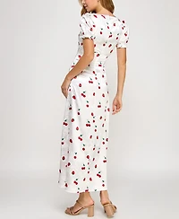 Crystal Doll Juniors' Printed Satin Puff-Sleeve Midi Dress