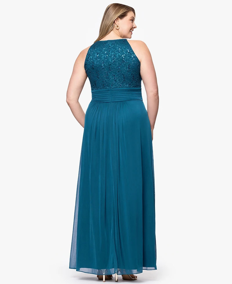 B&A By Betsy and Adam Plus Lace Long Halter Dress