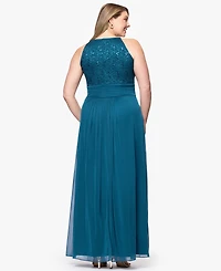 B&A By Betsy and Adam Plus Lace Long Halter Dress