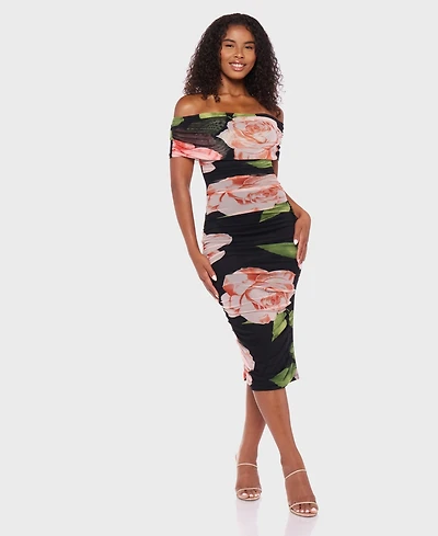 B Darlin Juniors' Printed Mesh Off-The-Shoulder Midi Dress