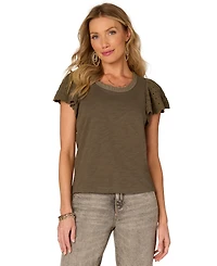 Democracy Petite Crochet-Trim Flutter-Sleeve Knit Top