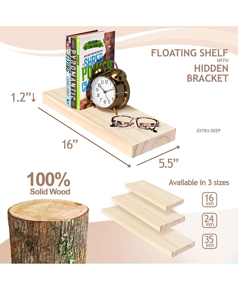 Sorbus 2 Pack 16" Solid Wood Floating Shelves - for Bathroom Decor, Books, Bedroom & Living Room