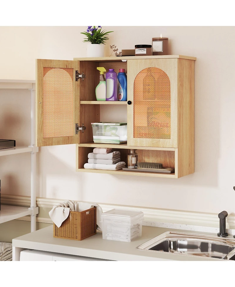 Slickblue Bathroom Wall Cabinet with Adjustable Shelves Open Cube and Rattan Doors