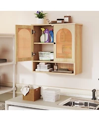 Slickblue Bathroom Wall Cabinet with Adjustable Shelves Open Cube and Rattan Doors