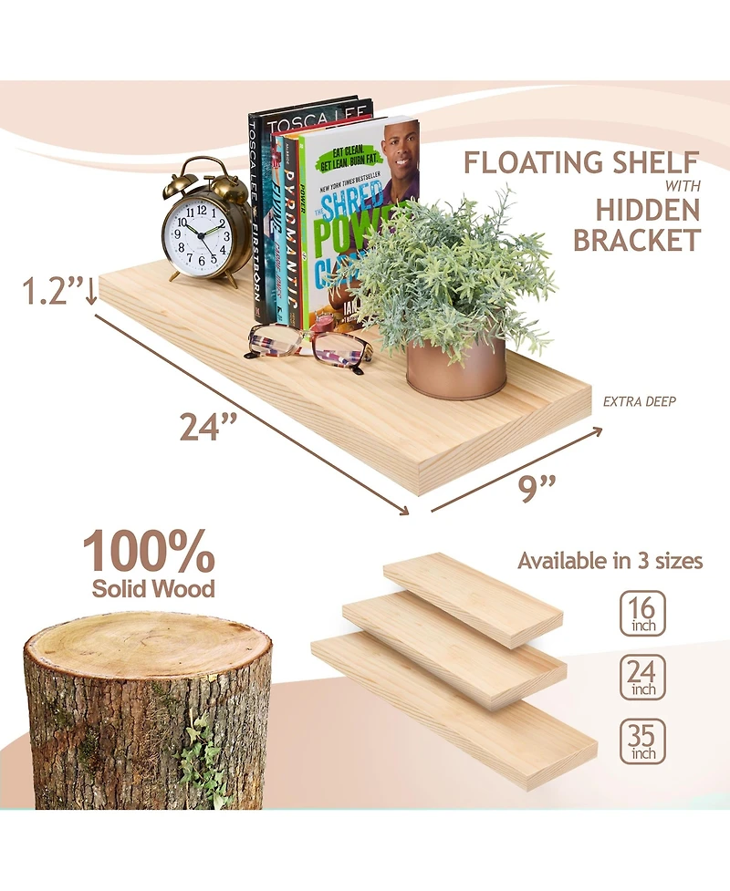 Sorbus 2 Pack 24" Solid Wood Floating Shelves - for Bathroom Decor, Books, Bedroom & Living Room