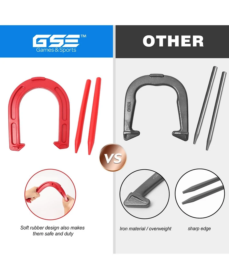 Gse Games & Sports Expert Rubber Horseshoe Game Set, 4 Horseshoes (2 Red/2 Blue), 2 Rubber Mats with Posts, and 2 Plastic Stakes