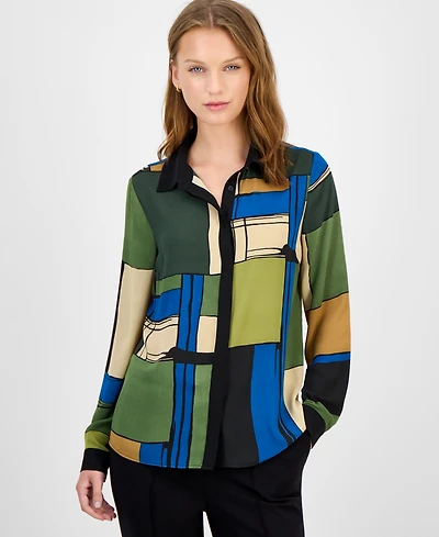 T Tahari Women's Printed Button-Front Blouse