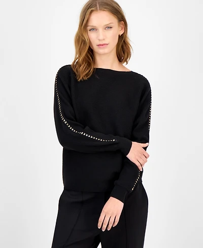 T Tahari Women's Chain-Trim Boat-Neck Sweater