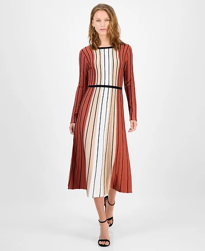 T Tahari Women's Striped Fit and Flare Knit Dress