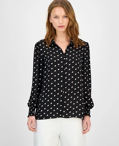 T Tahari Women's Dot-Print Button-Front Blouse