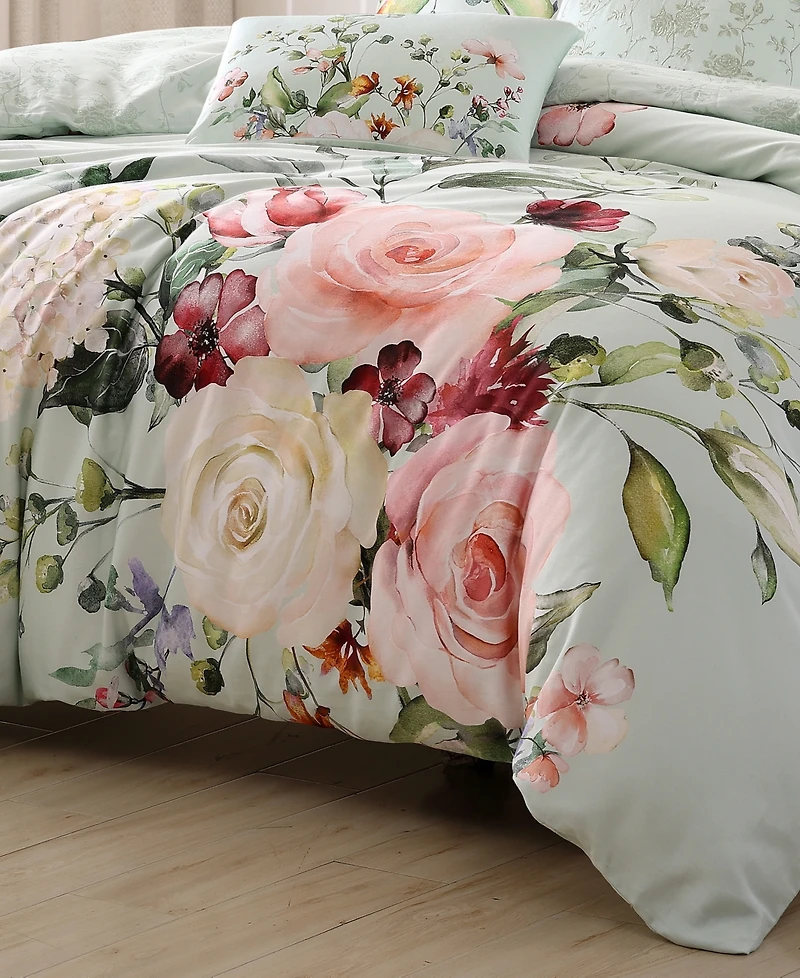 Bebejan Rose on Misty Green Bedding 200 Thread Count 100% Cotton Sateen 5 Piece Reversible King Comforter Set