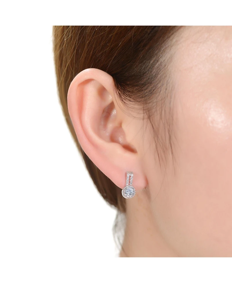 Rachel Glauber White Gold Plating with Clear Cubic Zirconia Solitaire Milgrain Double Drop Earrings