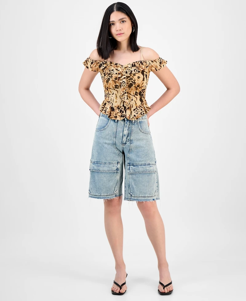 Bar Iii Women's Printed Cold-Shoulder Ruffle-Trim Mesh Top, Exclusively at Macy's