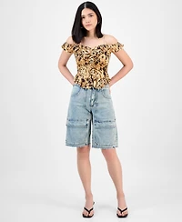 Bar Iii Women's Printed Cold-Shoulder Ruffle-Trim Mesh Top, Exclusively at Macy's