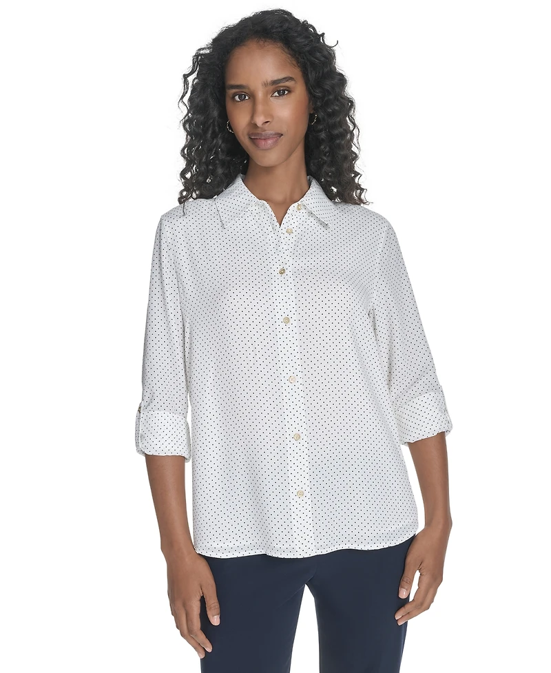 Tommy Hilfiger Women's Slim-Fit Pin-Dot Roll-Tab-Sleeve Shirt