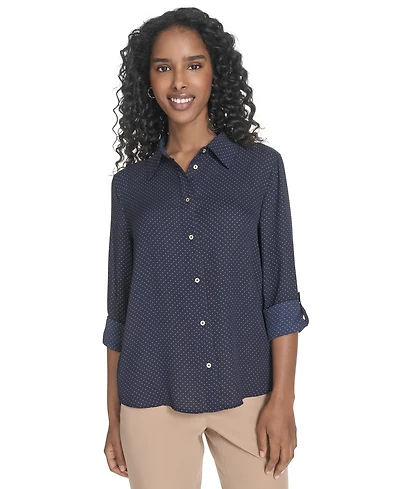 Tommy Hilfiger Women's Slim-Fit Pin-Dot Roll-Tab-Sleeve Shirt