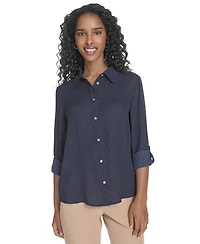 Tommy Hilfiger Women's Slim-Fit Pin-Dot Roll-Tab-Sleeve Shirt