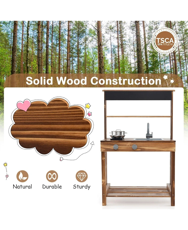 Mud Kitchen Fir Wood Play Kitchen with 4 Panting Pots Faucet Removable Sink