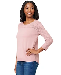 Melissa Paige Women's Crewneck Pointelle 3/4-Sleeve Lightweight Sweater