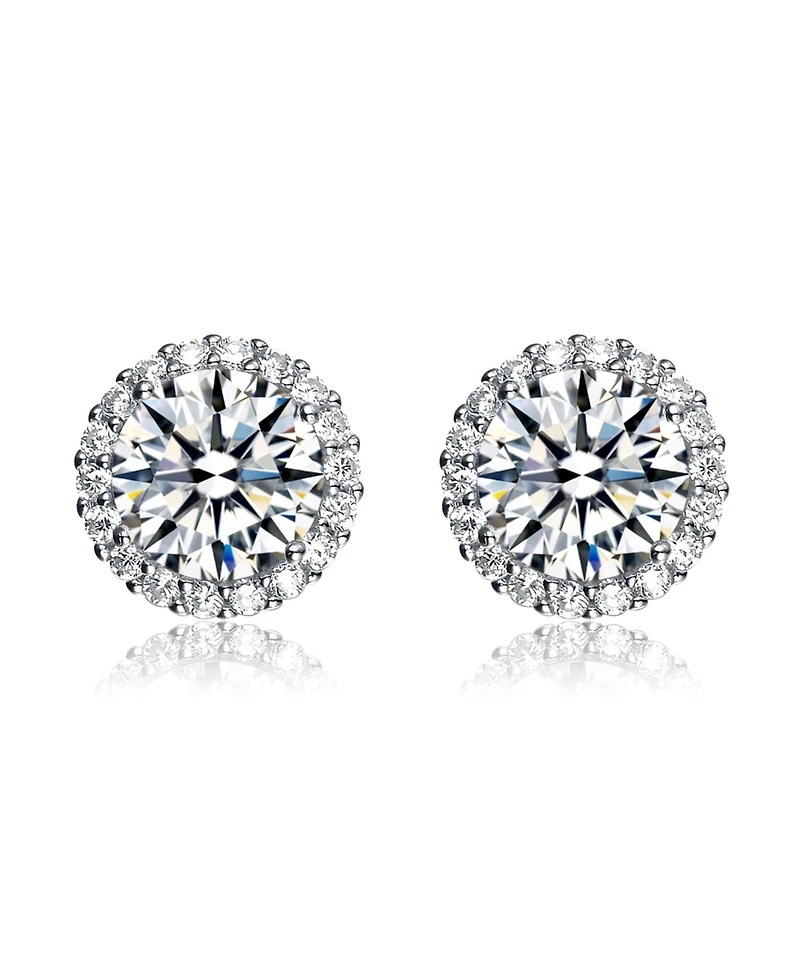 Genevive Sterling Silver White Gold Plating with Clear Cubic Zirconia Button Stud Earrings