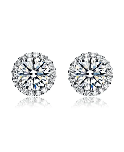 Genevive Sterling Silver White Gold Plating with Clear Cubic Zirconia Button Stud Earrings