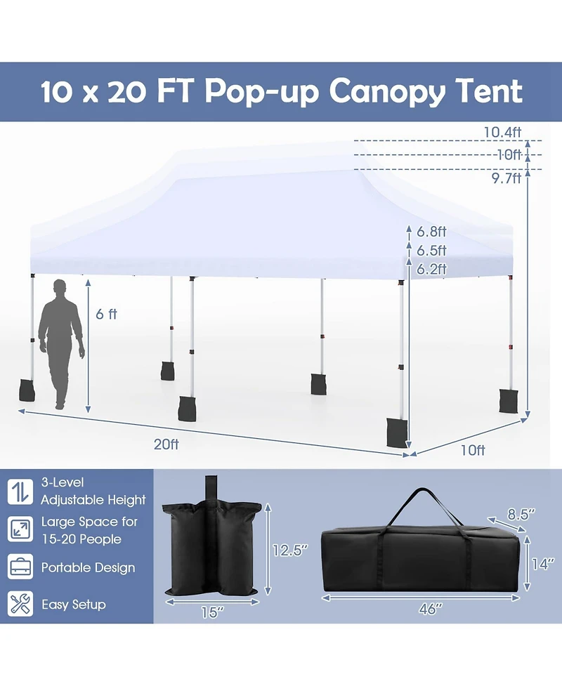 10 X 20 Ft Pop up Canopy Tent Foldable Portable Outdoor Gazebo with Carry Bag