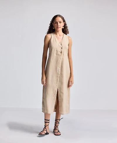 Reistor Women's Straight Dress with Front Slit Neutral Beige Hemp