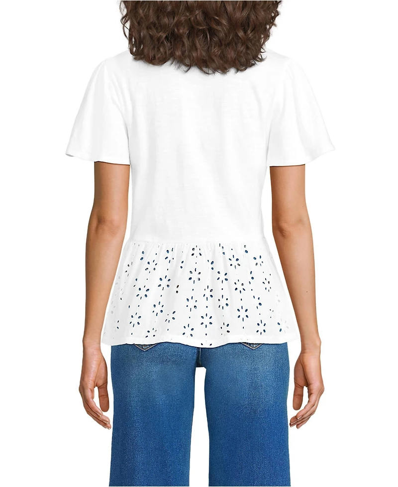 Lands' End Women's Short Sleeve Mixed Media Eyelet Top