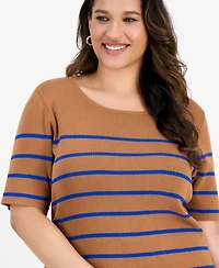 Tahari Asl Plus Striped Short-Sleeve Top