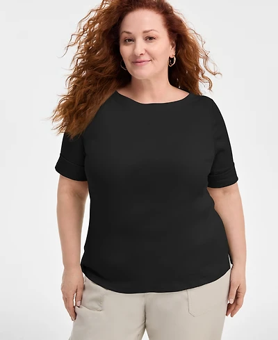 Style & Co Plus Boat-Neck Elbow Sleeve Cotton Top